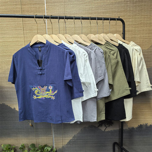 复古刺绣短袖T恤唐装汉服两件套
