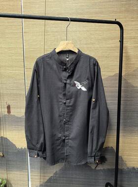 26B3A2中国风男装休闲衬衫仙鹤刺绣唐装汉服青年禅修复古盘扣上衣