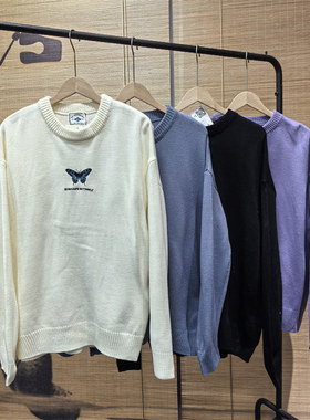 24C6C7港风情侣刺绣毛衣冬季新款男女保暖针织衫上衣宽松圆领线衫