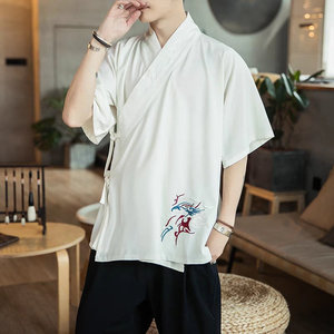 夏季改良汉服男士短袖中国风刺绣交领半袖上衣服古风仙气禅服茶服