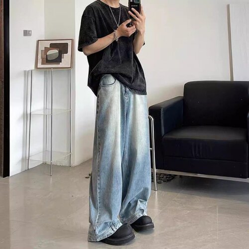 高街痞帅直筒宽松拖地阔腿牛仔裤