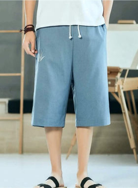 25D6A3中国亚麻刺绣六分裤夏季薄款复古短裤宽松潮流直筒休闲裤子