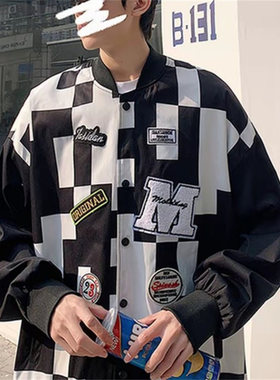 25B8C4秋季新款棒球服韩版黑白格纹外套潮流港风宽松情侣休闲夹克