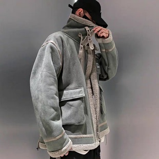 25B2B10冬季 机车棉服潮 仿羊羔毛鹿皮绒棉衣宽松加厚保暖外套工装