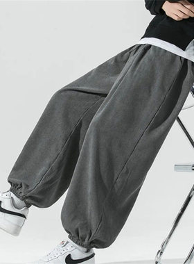 25A2B7秋季潮牌灯芯绒阔腿裤加肥加大码九分裤潮流宽松休闲束脚裤