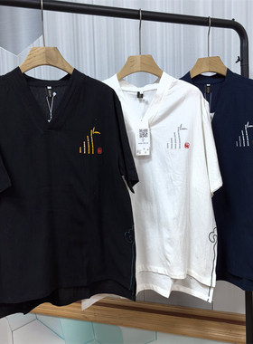 24C5B3夏季新中式棉麻复古T恤中国风潮流唐装刺绣V领短袖上衣体恤