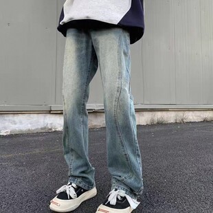 潮牌宽松拼接设计感做旧微喇长裤 26C8B2春季 高街牛仔裤 美式 子 新款
