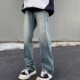 潮牌宽松拼接设计感做旧微喇长裤 26C8B2春季 高街牛仔裤 美式 子 新款