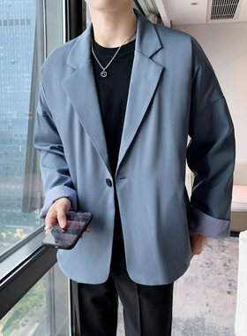 25A8C3港风秋款西服男士潮流轻熟风外套休闲韩版宽松痞帅蓝色西装