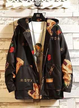 25C7A4秋冬涂鸦夹棉加厚外套潮流大码宽松连帽棉衣夹克休闲上衣服