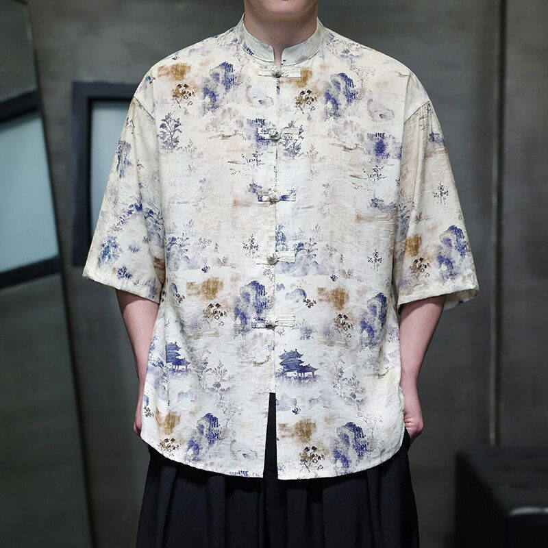 唐装汉服复古印花盘扣上衣图片
