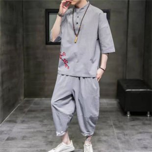 26C7B2夏季中国风棉麻套装男短袖t恤休闲宽松古风新中式汉服唐装