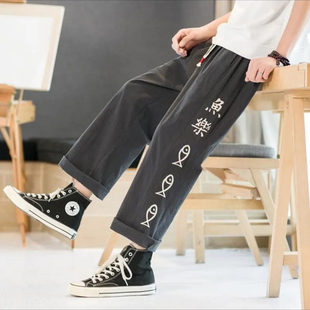 直筒九分裤 26C1A2春夏季 复古风宽松大码 子新中式 中国风棉麻刺绣裤