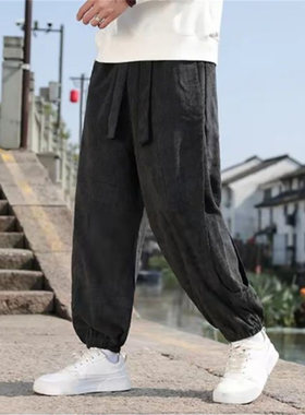 25A3A3中国风灯芯绒休闲裤新中式宽松大码束脚裤潮牌阔腿灯笼裤子