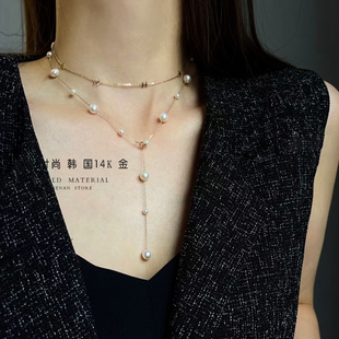 精致时尚 韩国流行14K黄金项链女 大小珍珠满天星套链锁骨链潮礼物