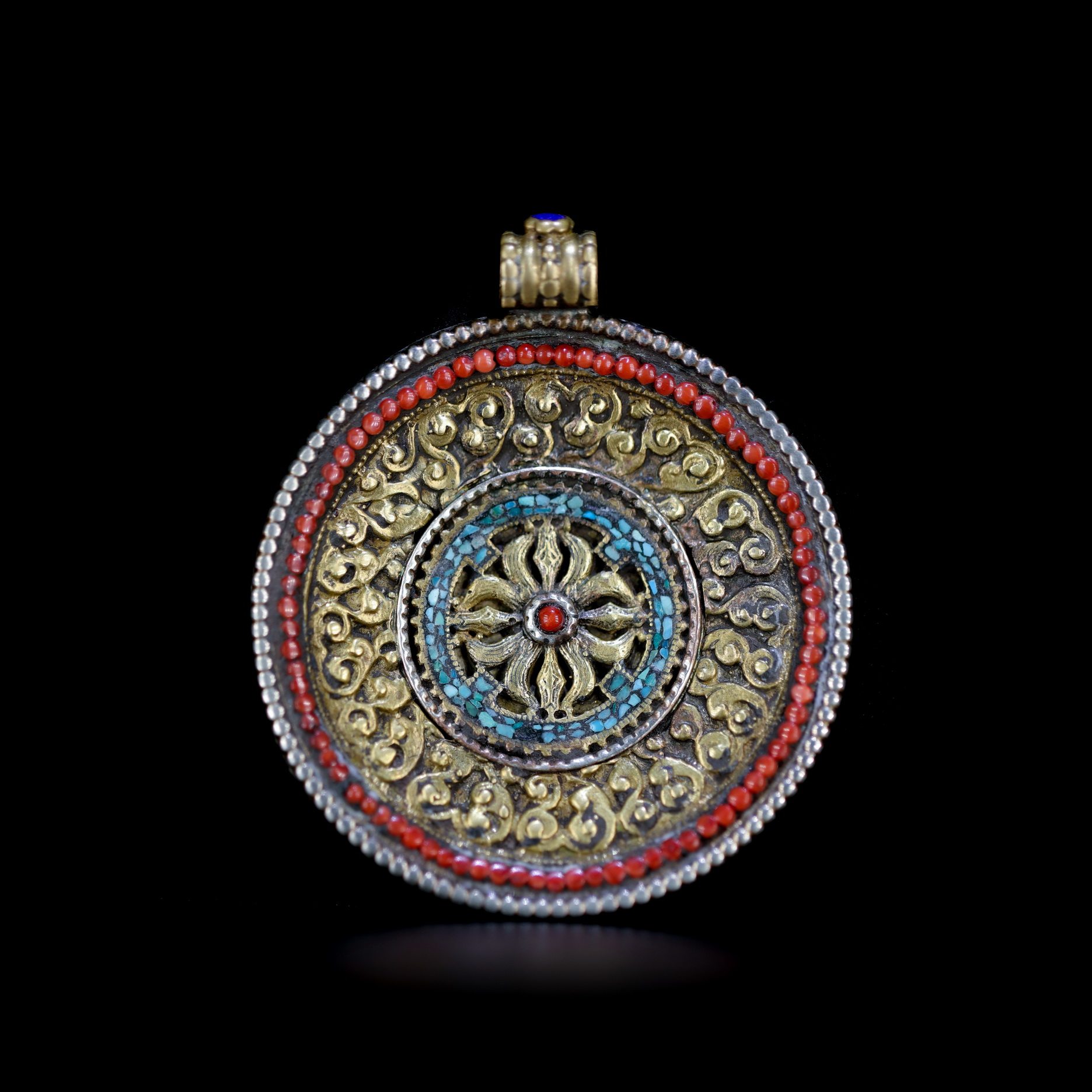 尼泊尔铜鎏银嵌宝石十字金刚杵佛牌挂饰