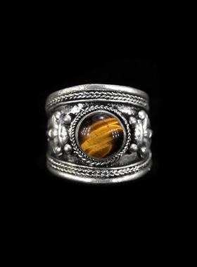 尼泊尔藏银白铜花丝镶嵌宝石戒指戒圈可调