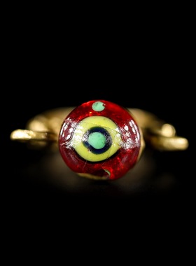 西亚铜环刻花戒圈蜻蜓眼琉璃珠