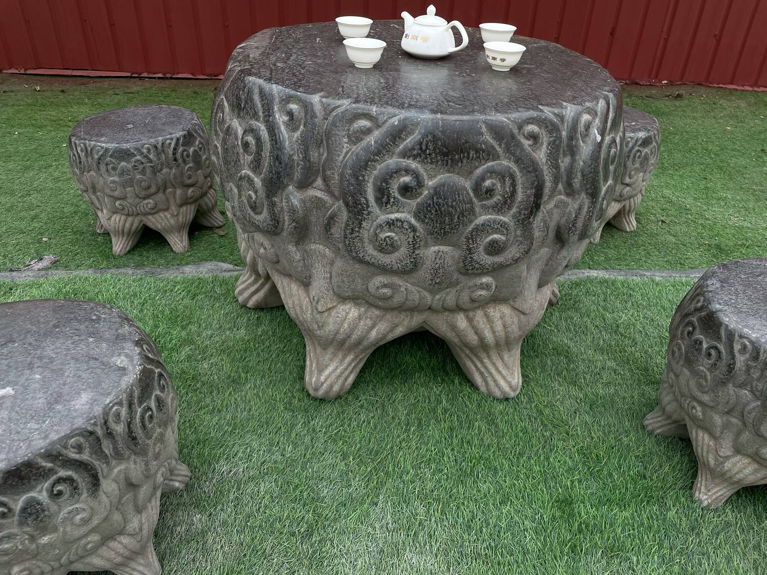 仿古石雕祥云石桌新中式做旧石头圆桌桌盆景条案台