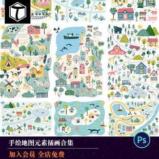 手绘地图元素合集城市道路动物树木插画Ai矢量PNG透明免扣素材PS