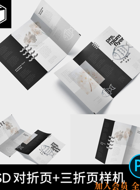 PS三折页对折页宣传册宣传单展示智能贴图样机PSD设计素材模板图