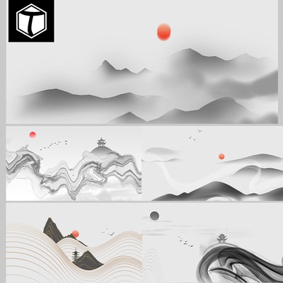 禅意新中式水墨山水画装饰画房地产线条banner海报PSD设计素材图