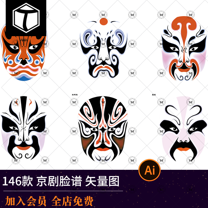 国潮国粹京剧戏曲川剧人物脸谱插画图案海报AI矢量设计素材图模板