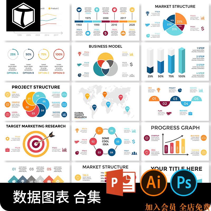 商务PPT数据图表统计分析时间轴线流程逻辑图AI矢量PS设计素材PSD
