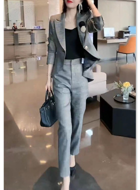 法国chrry koop秋季新款时尚西服两件套灰色修身显瘦女套装潮