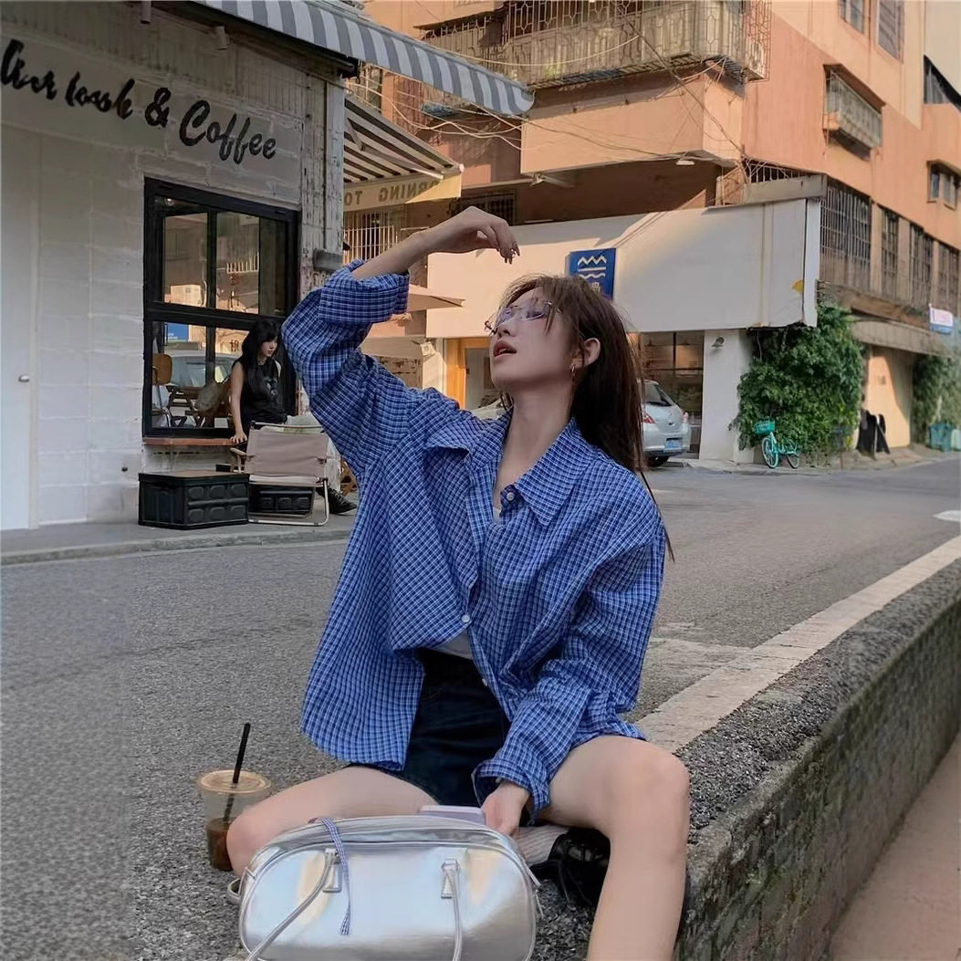 法国CherryKoko复古慵懒风气质蓝色格子Polo领衬衫女早秋宽松