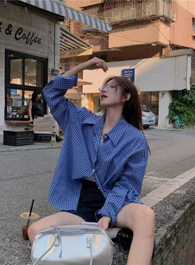 法国CherryKoko复古慵懒风气质蓝色格子Polo领衬衫女早秋宽松
