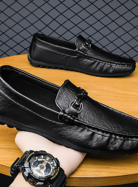 春季男鞋商务正装英伦休闲百搭黑色皮鞋运动一脚蹬开车豆豆鞋潮鞋