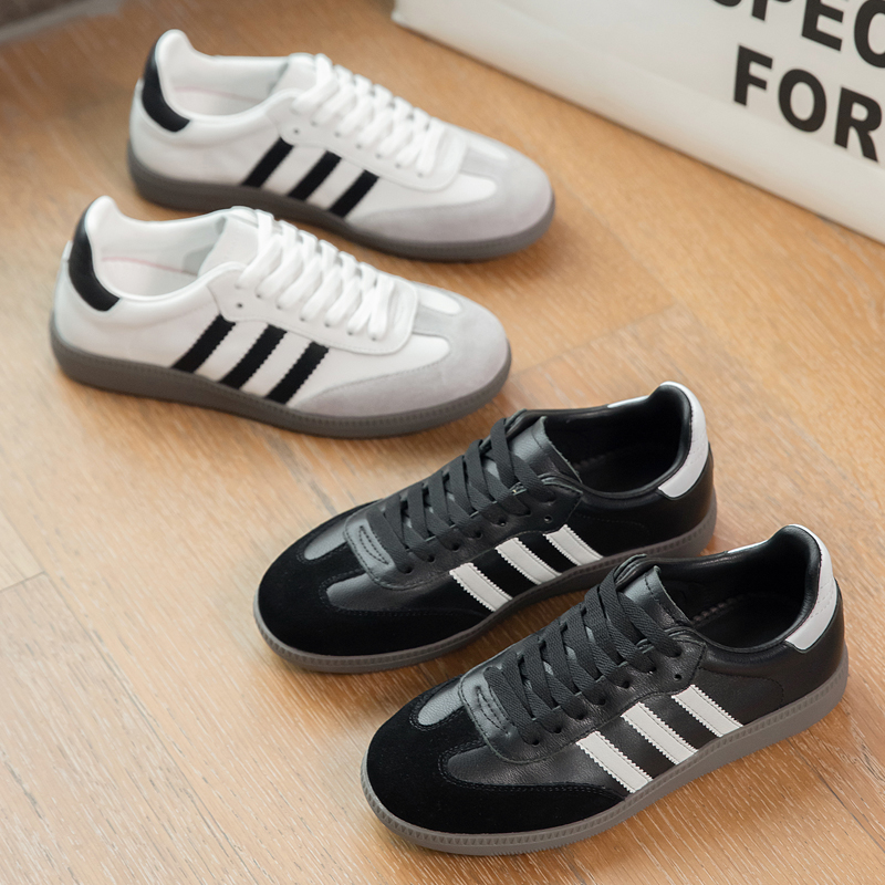 帝木女鞋男鞋软底软面透气真皮头层牛皮小白鞋男三道杠德训鞋男款