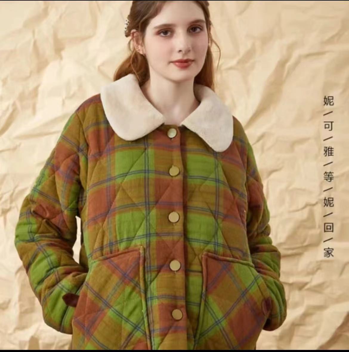 妮梭织三层夹棉格子睡衣秋冬款女冬季加厚可外穿家居服套装