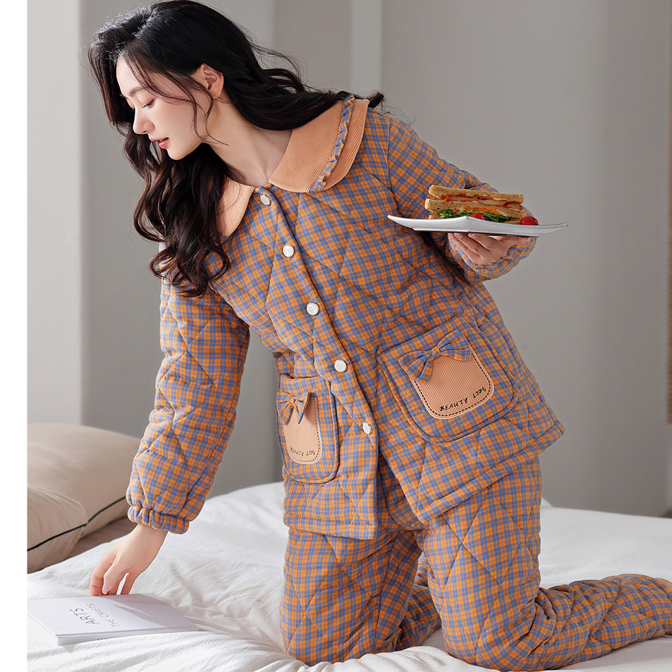 巨保暖品牌加厚梭织三层夹棉睡衣女冬季甜美可爱格子家居服套装