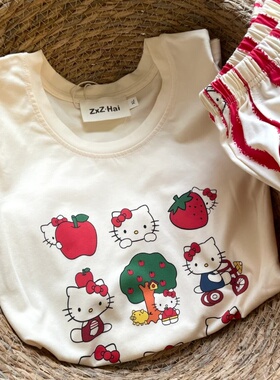 侘町条纹Kitty夏季纯棉睡衣女短袖长裤薄款卡通可外穿家居服套装