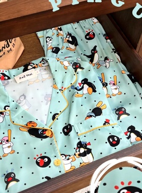 侘町薄荷曼波pingu冰丝睡衣女夏季短袖长裤薄款可外穿家居服套装