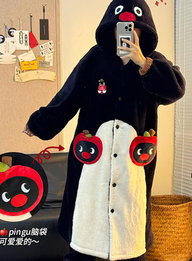 侘町2025年新款圣诞pingu睡袍女北美绒秋冬款加绒睡衣家居服冬季