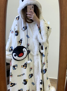 侘町2024新款企鹅pingu法兰绒睡袍女秋冬加绒加厚家居服斗篷睡衣