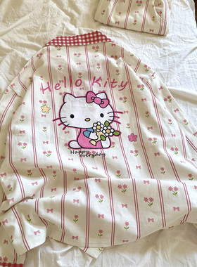 侘町2025新款红格碎花Kitty长袖休闲睡衣纯棉磨毛春秋卡通家居服