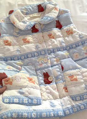 侘町2025新款空气夹棉冬季加厚睡衣女蓝色费尔岛米菲兔马甲家居服