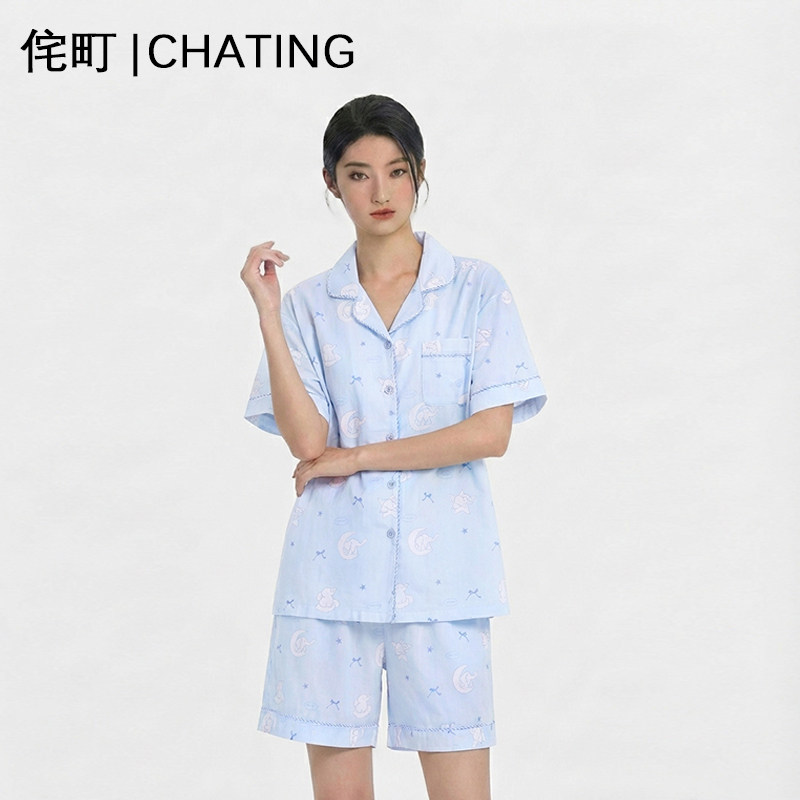 侘町2026年春夏季新款月亮小象纯棉睡衣女款短袖套装可外穿家居服