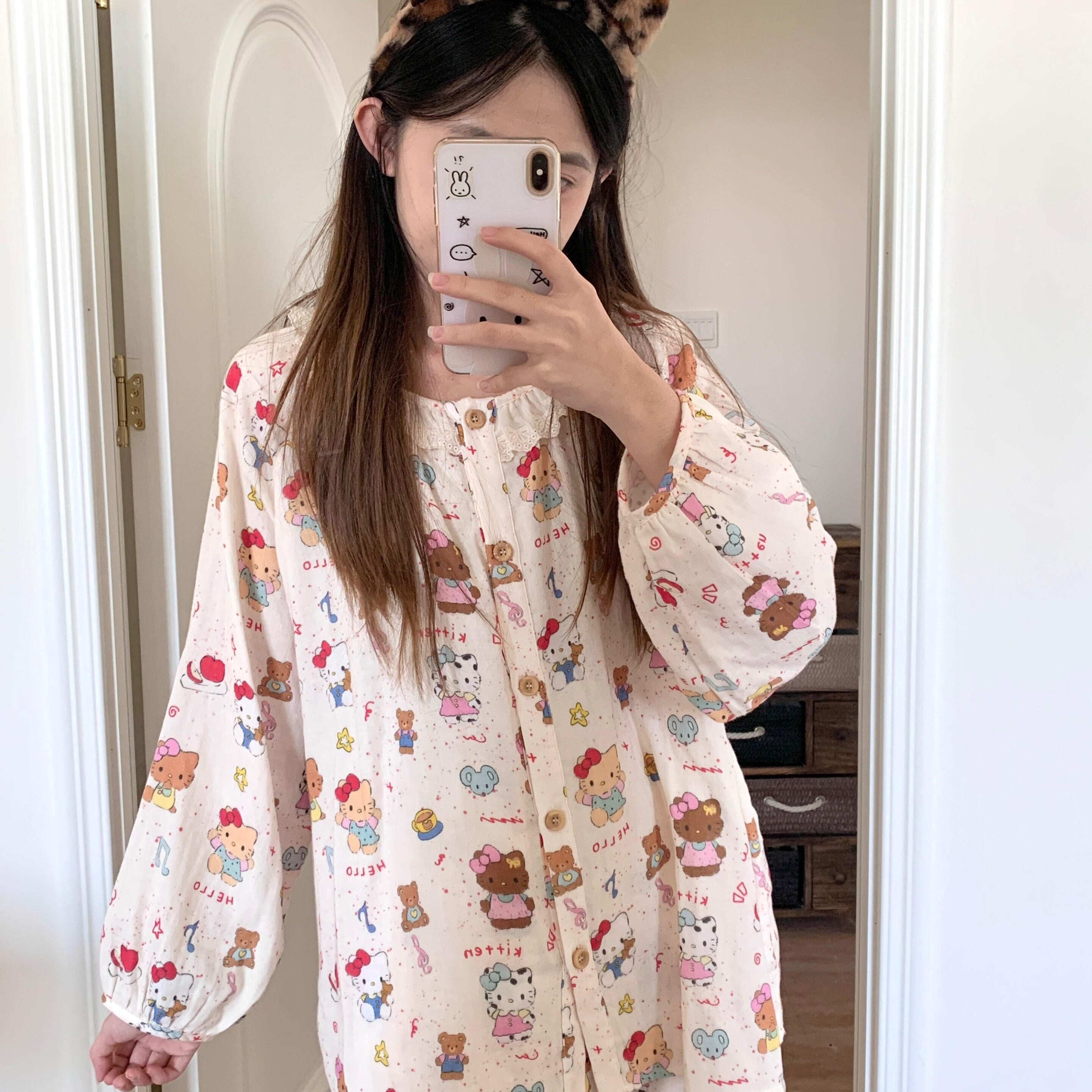 侘町2025秋季睡衣新款复古凯蒂猫纯棉双层婴儿纱布长袖家居服套装