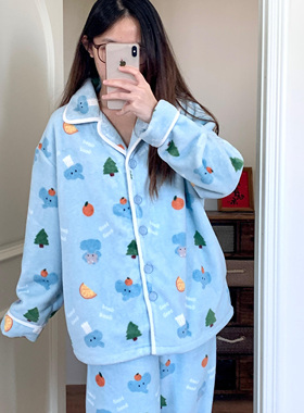 侘町2025家居服新款GOOD大象法兰绒加绒可外穿卡通保暖冬季睡衣女