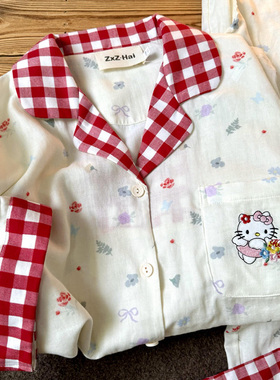 侘町2025新款红格碎花kitty短袖长裤睡衣女夏季甜美可外穿家居服
