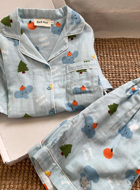 侘町2025年新款GOOD大象短袖睡衣女夏天纯棉卡通可外穿家居服套装