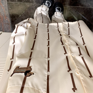 侘町2025年新款 腊肠刺绣口袋长袖 冰丝春夏季 睡衣可外穿家居服套装