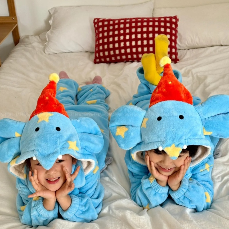 侘町冬季2025新款笨笨大象儿童秋冬法兰绒睡衣男女童中大童家居服