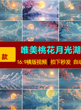 S0197高清古典中国风月亮唯美桃花月光湖水led大屏幕背景视频素材