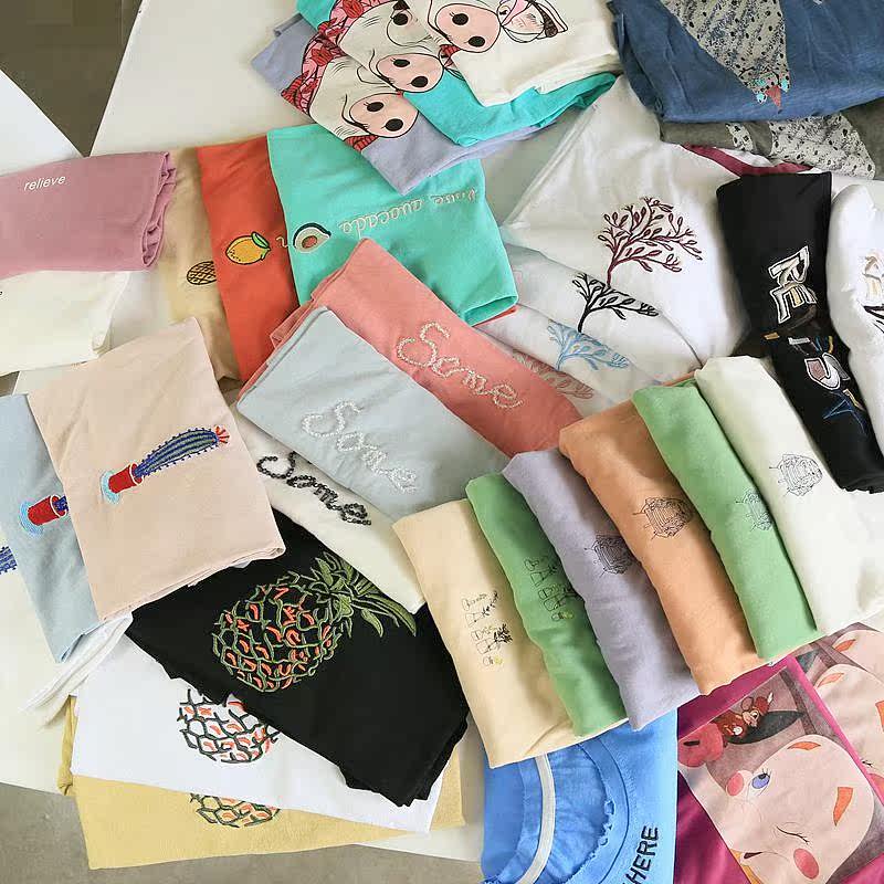 2件减10包邮 纯棉卡通刺绣水洗字母短袖T恤破边宽松白色韩国INS潮|ruв категории Женская одежда, футболка - от Buy2taobao.com для оказания профессиональной услуги покупки агента Taobao